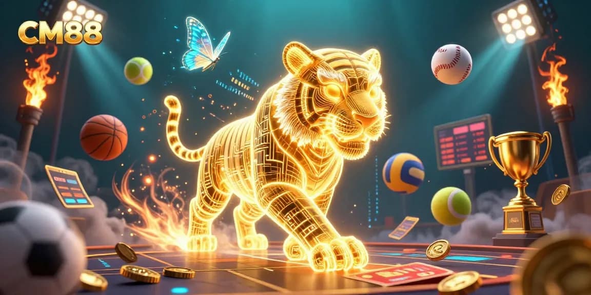 Engage in dynamic gaming at CM88, where a golden tiger and sports elements create an exciting casino experience.