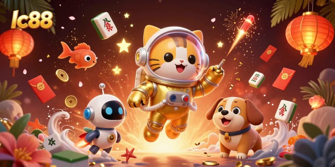 Play exciting games at lc88, with a dynamic scene of a golden space suited cat and alien fish.