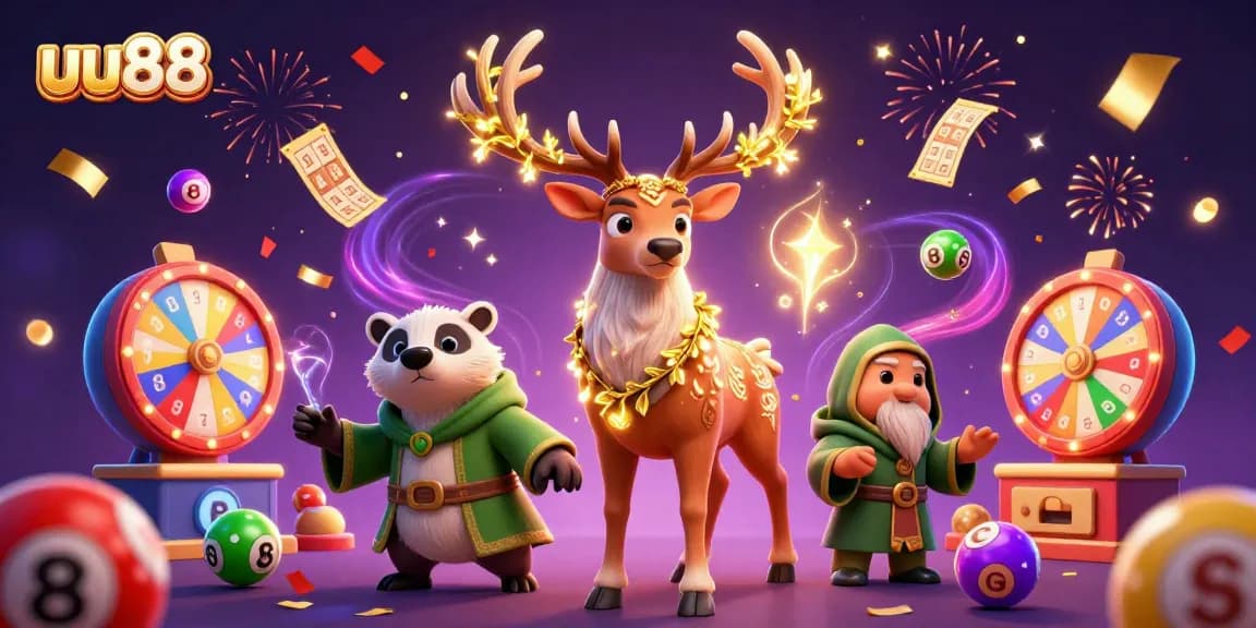 Experience thrilling moments at uu88 with vibrant lottery elements and celebrating characters in a dynamic casino scene.