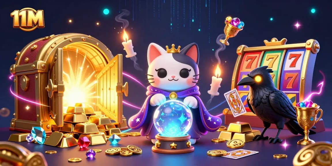 Experience winning thrills with 11M as a mystic cat and raven bring luck among shimmering treasures.