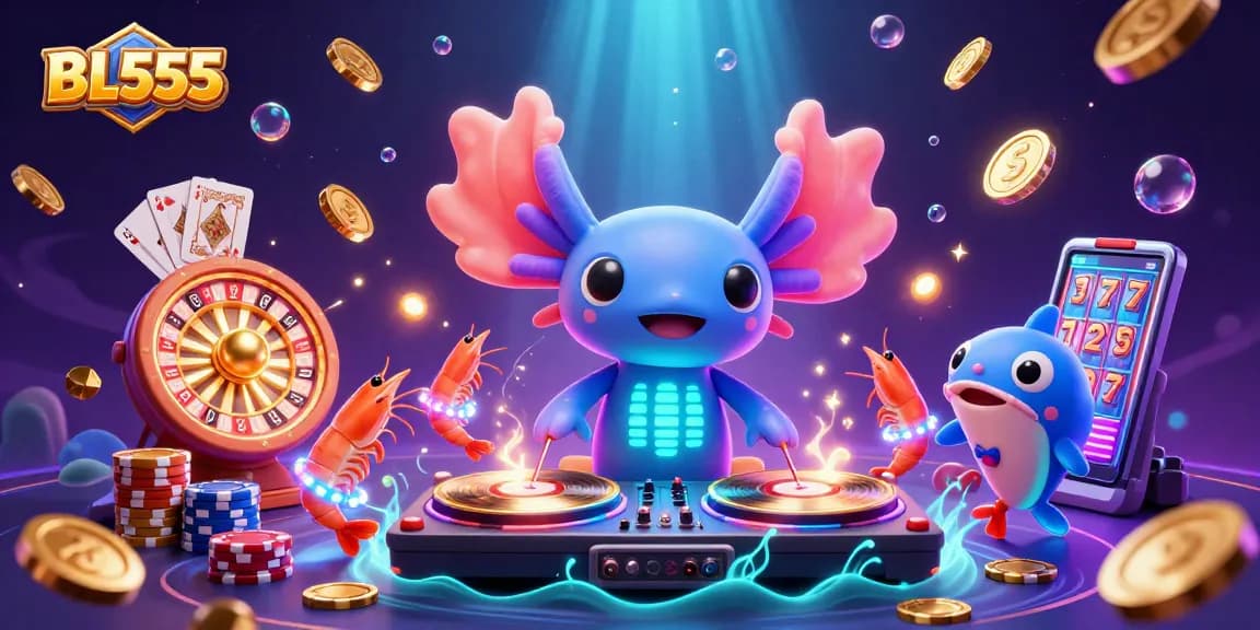 Experience BL555's vibrant casino world with colorful characters and dynamic gambling elements.