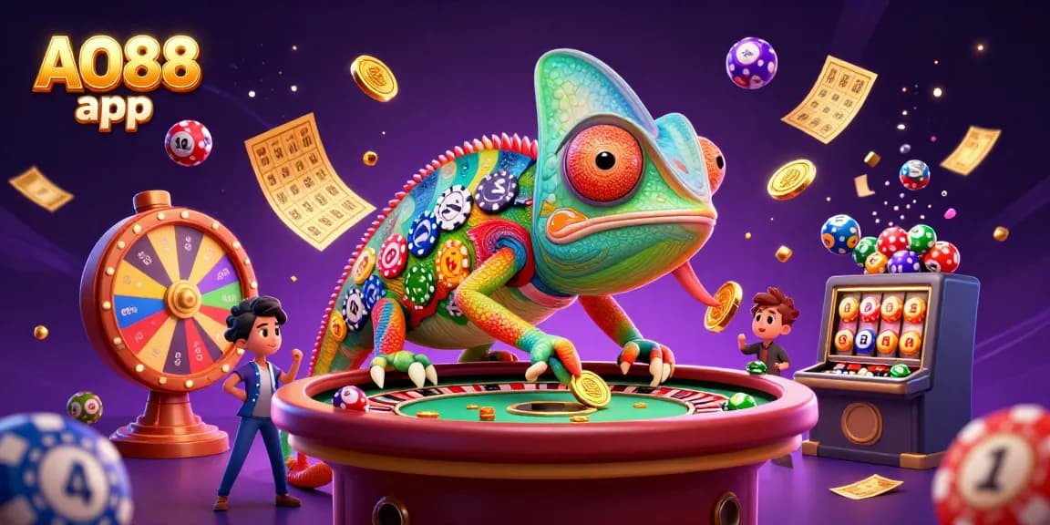 Capture the excitement of the AO88 app with a vibrant 3D illustration featuring a chameleon casino owner.