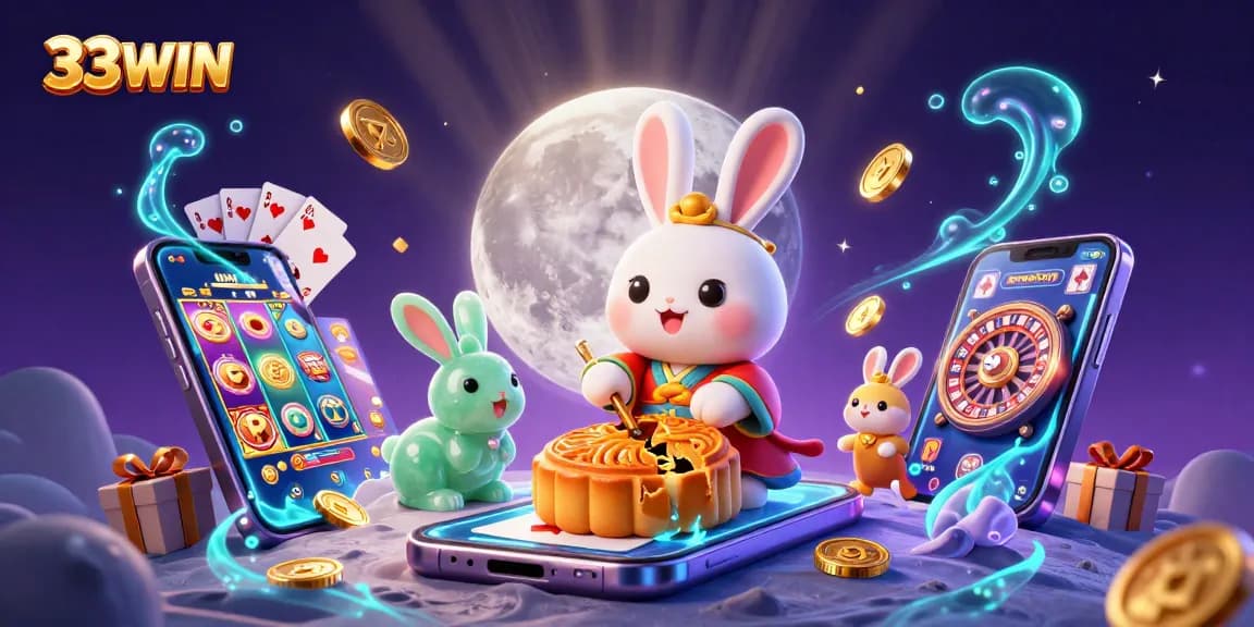 Experience the excitement of 33WIN with a lively 3D cartoon illustration of a moon rabbit, poker chips, and vibrant casino elements.