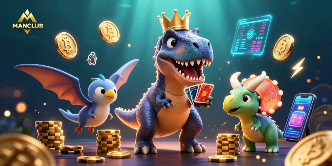 Experience the thrill of MANCLUB with a cartoon T-Rex playing cards in a lively casino scene
