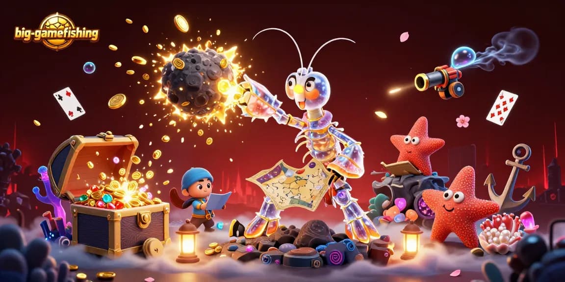 Experience big-gamefishing action with a galactic mantis shrimp and treasure in a vibrant casino scene.