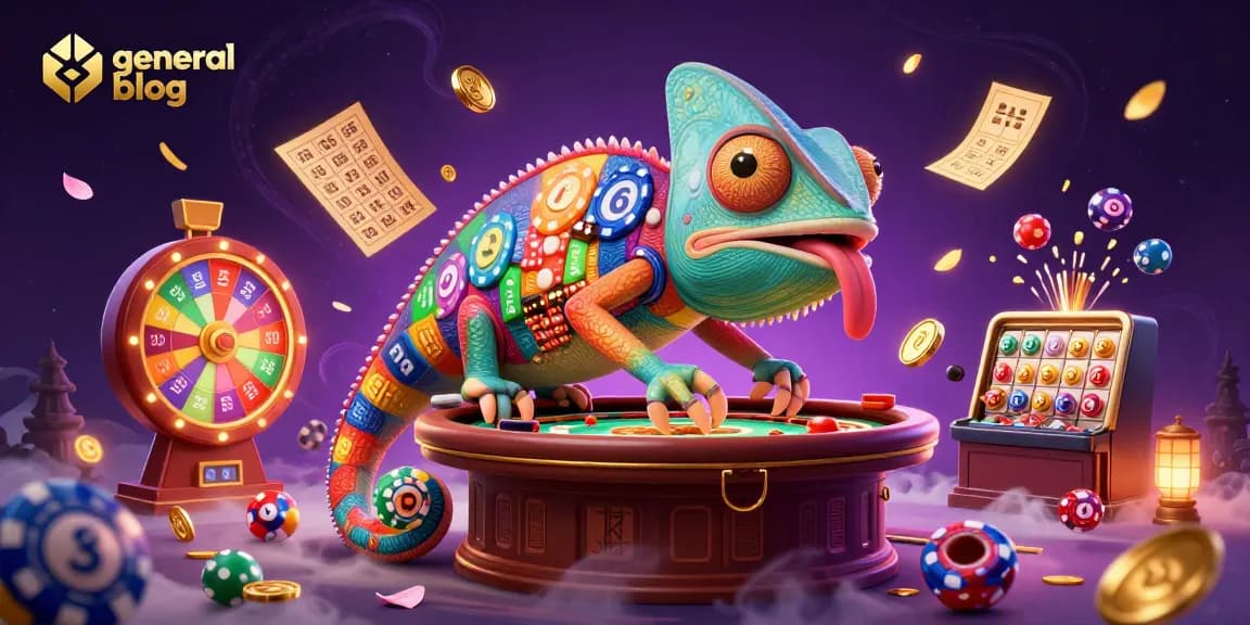 Engaging scene from a general blog featuring a vibrant chameleon casino owner collecting coins with lottery excitement.