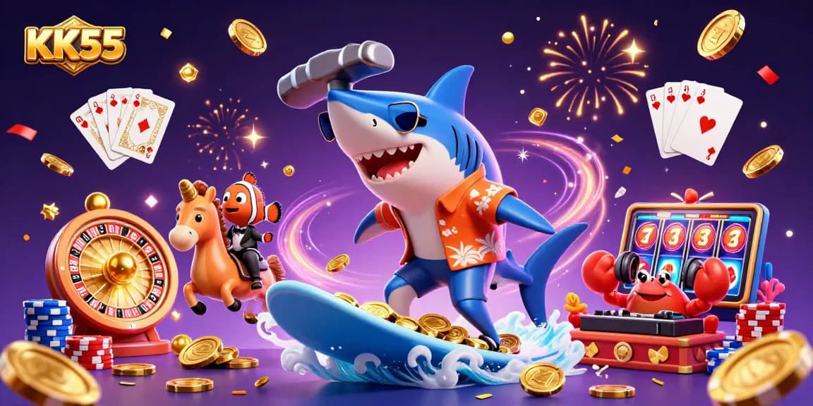 Experience the excitement of KK55 with vibrant characters and casino elements in a dynamic scene.