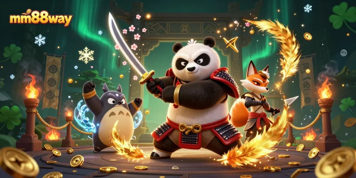 Experience thrilling lottery excitement with mm88way as the samurai panda battle for wins amidst vibrant casino elements.