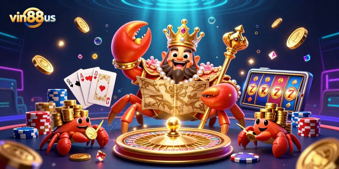Join the excitement with vin88us as a golden crab emperor directs a lively casino scene with treasures.