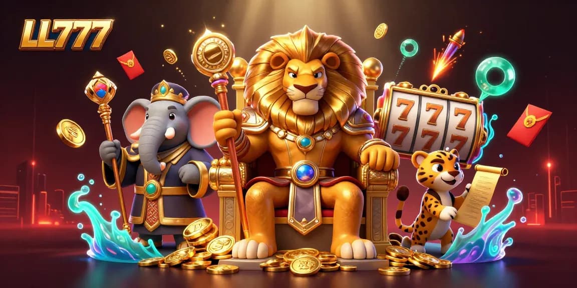 Engage with LL777's thrilling 3D atmosphere featuring a lion king, elephant advisor, and cheetah messenger in an action-packed casino scene.