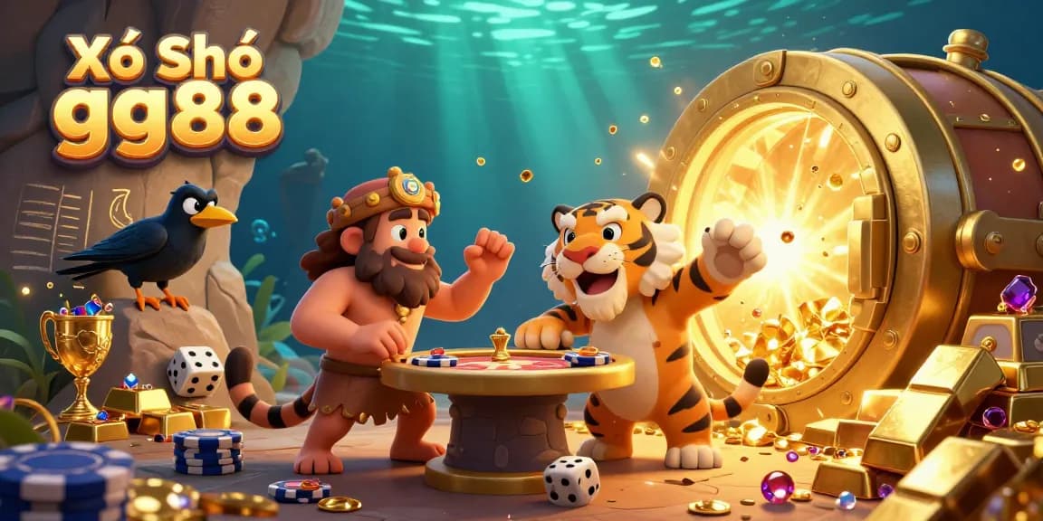 Xổ Số gg88 brings excitement to the scene as a dynamic duo runs a thriving online casino, surrounded by treasures and sparkling gems.