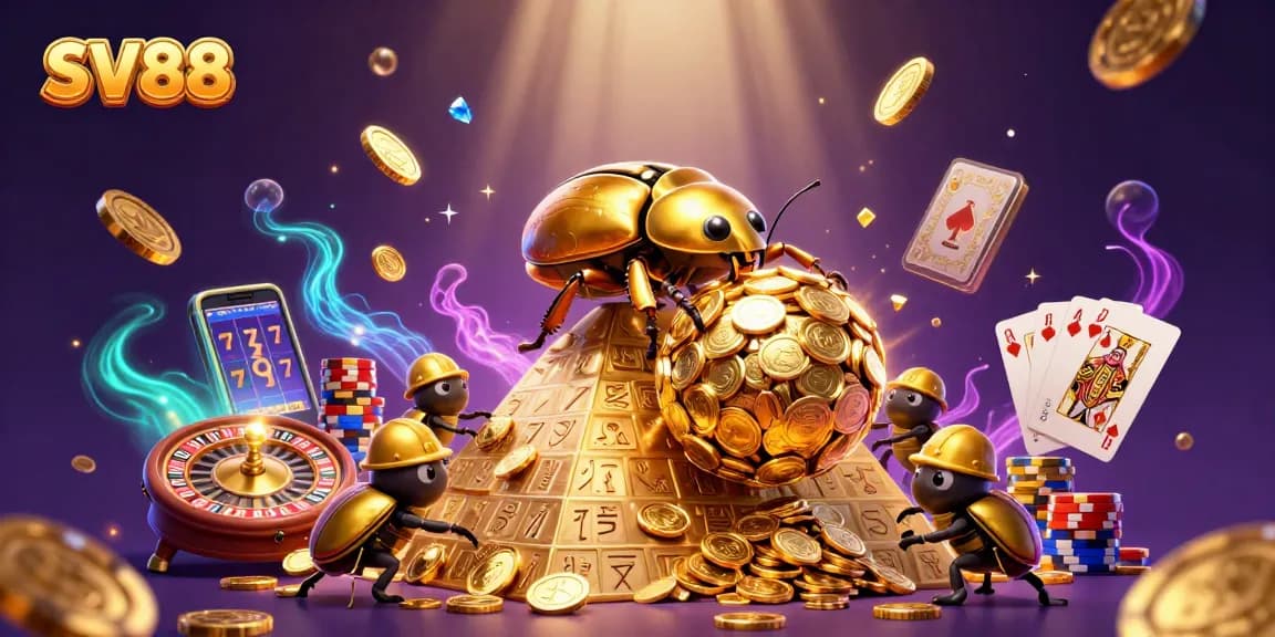 Engage with SV88's vibrant casino adventure featuring golden beetles and dazzling game elements.