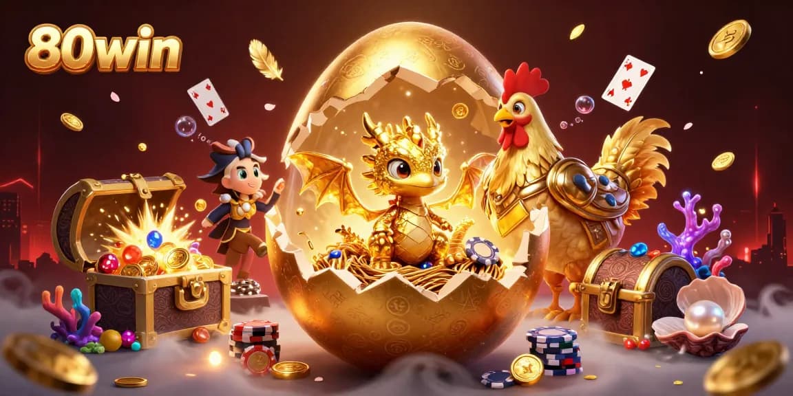 80win features a stunning golden dragon and poker chips with a treasure chest exploding coins, enhancing online casino excitement.