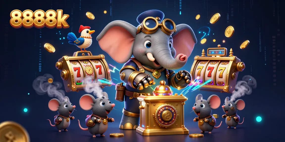Experience thrilling gameplay with the vibrant 8888k slot machine scene featuring steampunk characters and dynamic elements.