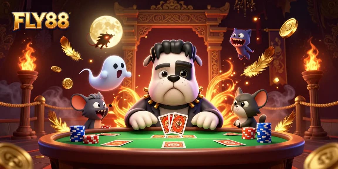 FLY88 offers thrilling card games at a spooky casino table with vibrant characters and gaming elements.