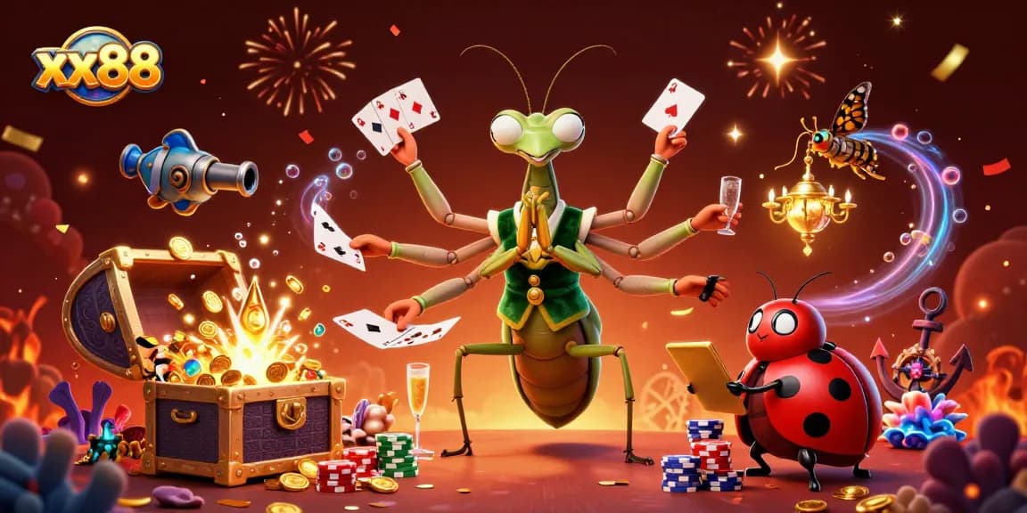 Experience the thrill of xx88 as a giant praying mantis card sharp engages players in an exciting casino atmosphere.