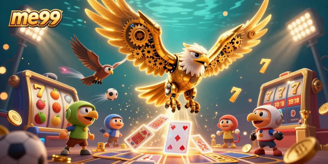 Experience thrilling gaming at me99 with a cybernetic eagle diving through holographic cards in a vibrant casino scene.