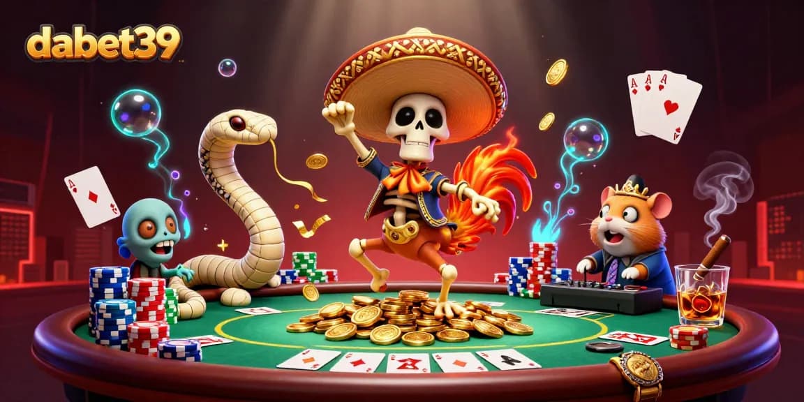 dabet39 features a lively casino scene with cartoon characters celebrating wins at poker tables and jackpot coins.