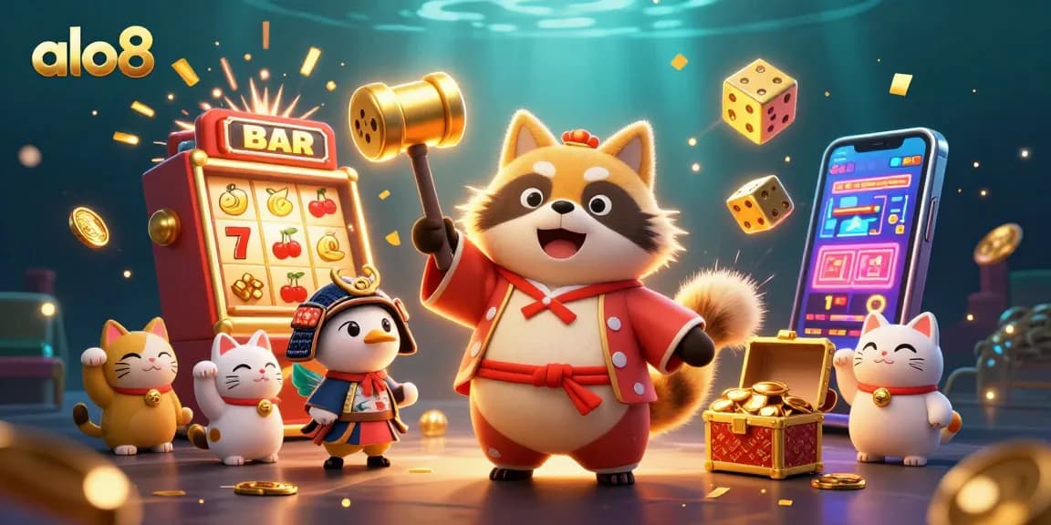 Play exciting games at alo8 with cheerful tanuki, lucky symbols, and jackpot fireworks.