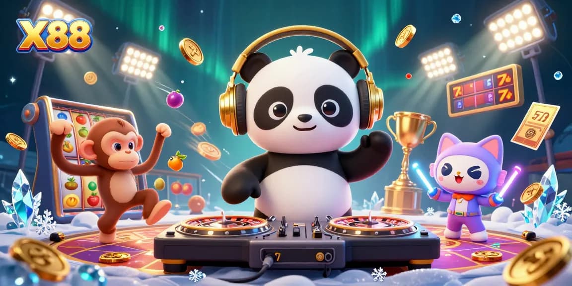 X88 brings excitement as a DJ panda spins reels and a breakdancer grooves in a lively casino scene.
