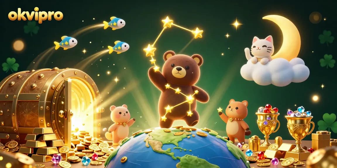 Engage in thrilling wins at okvipro, featuring a constellation bear under stars scooping coins.