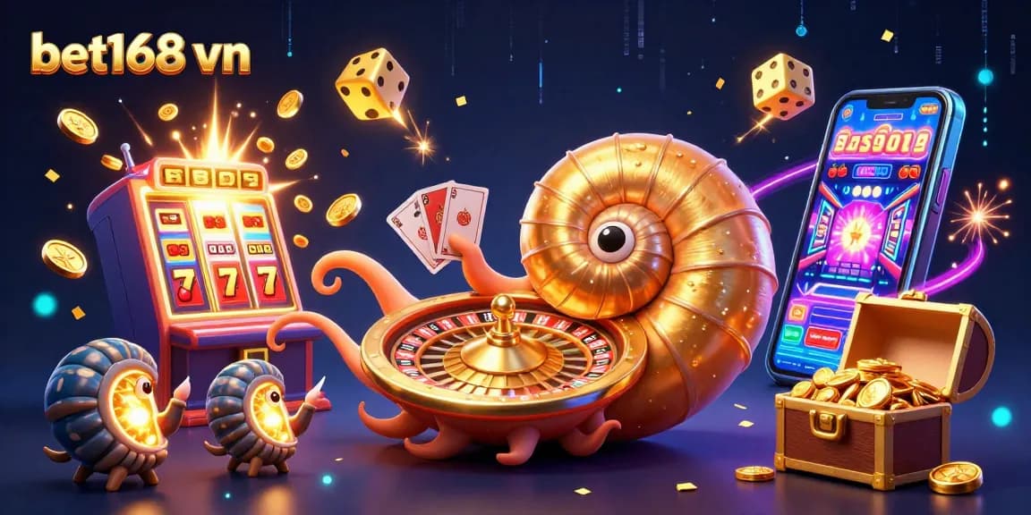 Experience thrilling gaming with bet168 vn on an animated casino scene showcasing logo, cards, and jackpots.