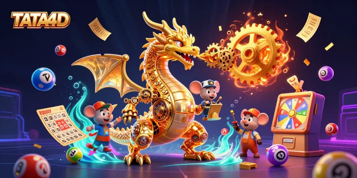 TATA4D showcases a vibrant, dynamic scene with a golden dragon and colorful lottery elements, emphasizing thrilling gaming excitement.