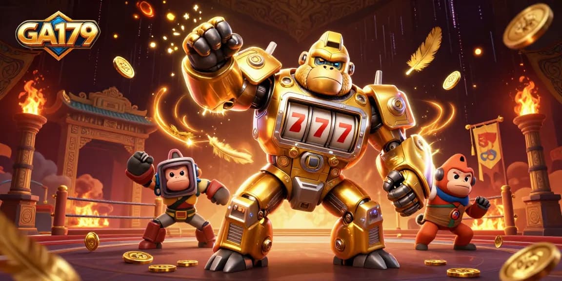 Engage in the thrilling atmosphere of GA179 with a dynamic 3D scene featuring a golden gorilla mech and an exhilarating fighting arena.