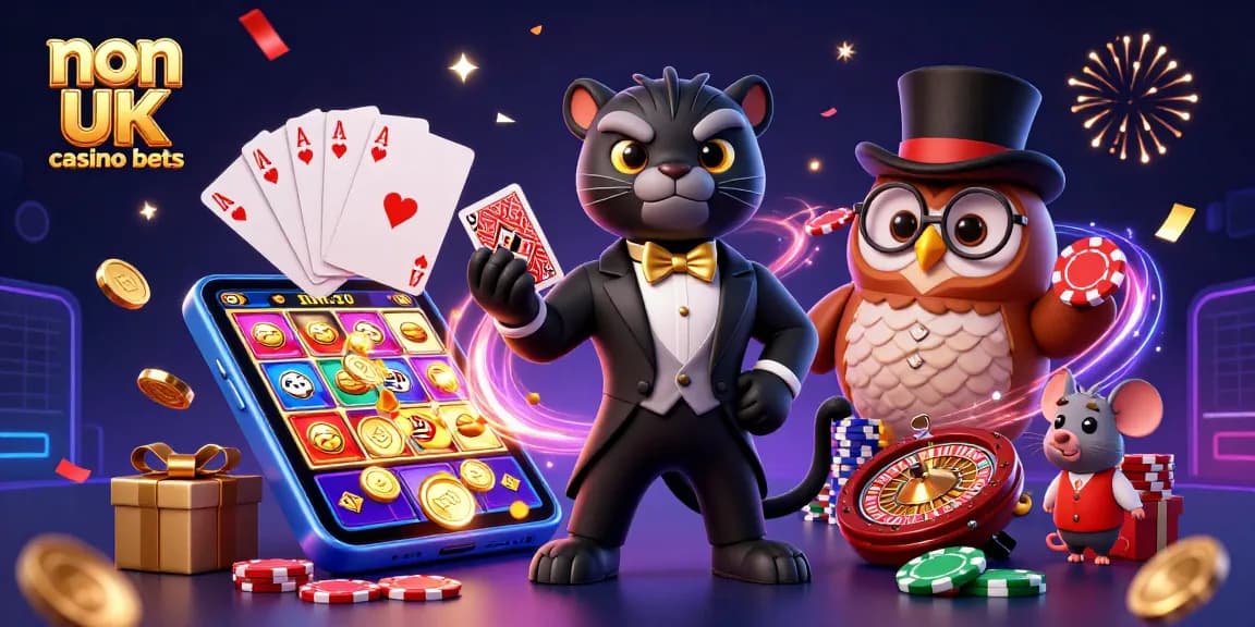 Engage in exciting non UK casino bets with vibrant characters and casino elements in a dynamic 3D illustration.