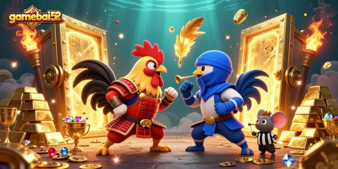 Engage with gamebai52 in a thrilling duel of strategy and fun, highlighted by cartoonish roosters.