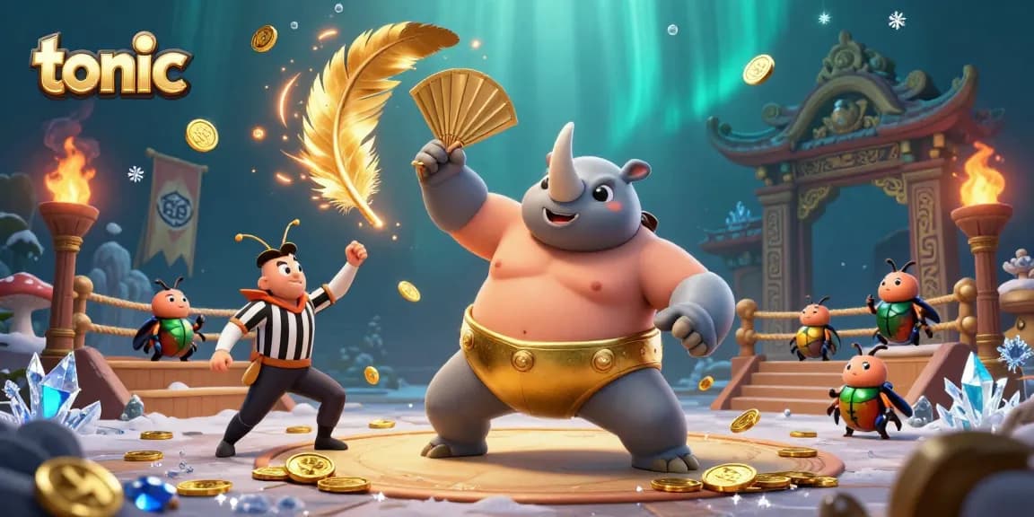 Tonic showcases a dynamic casino scene where a beetle champion stomps, coins fly, and tiny spectators cheer amid thrilling gambling action.