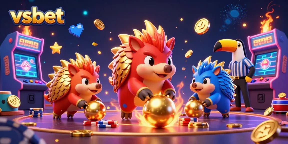 Engage in thrilling gameplay with Vsbet as rival pangolins bowl through poker chips in a vibrant 3D casino scene.