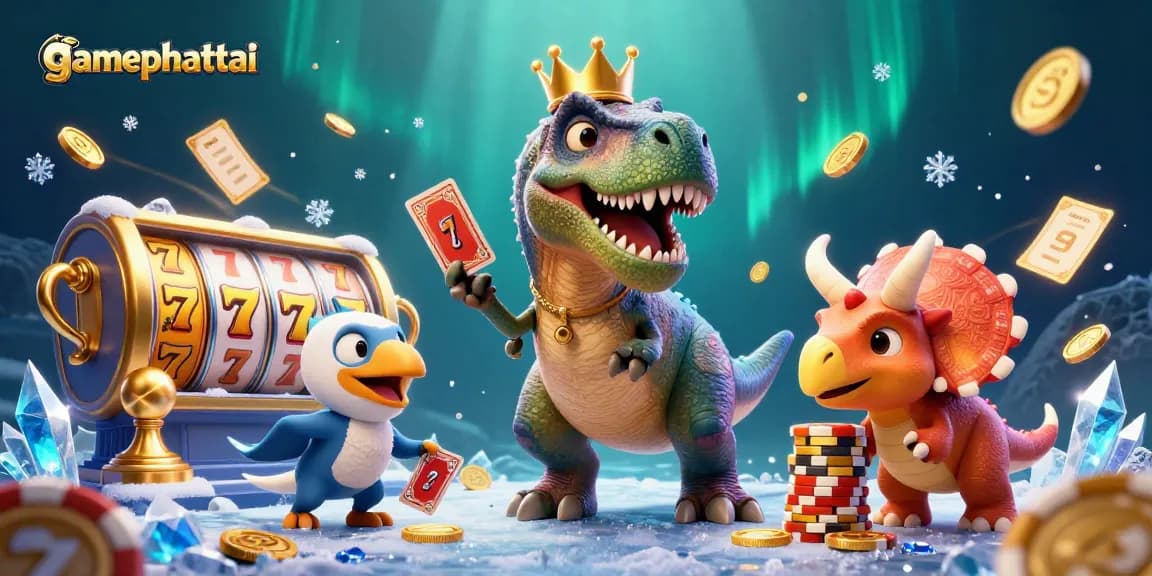 Spin to win with gamephattai excitement at the slot reels featuring a playful T-Rex.