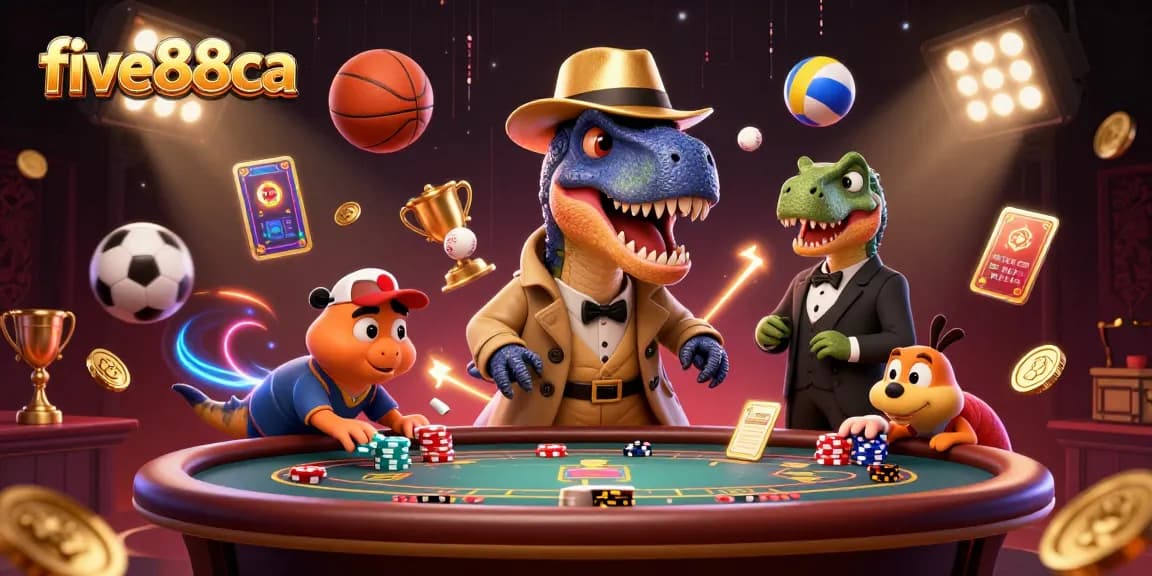 The five88ca virtual casino scene featuring a velociraptor card counter surrounded by dynamic betting elements.