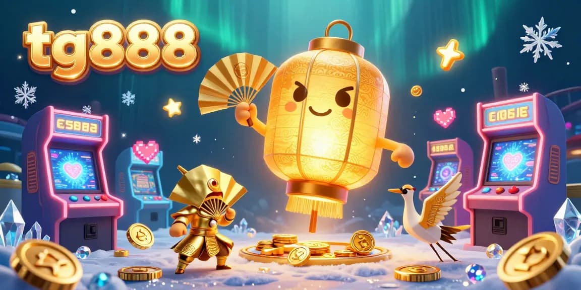 Experience thrilling gaming with tg888 in a vibrant casino scene filled with glowing arcade machines and lucky symbols.