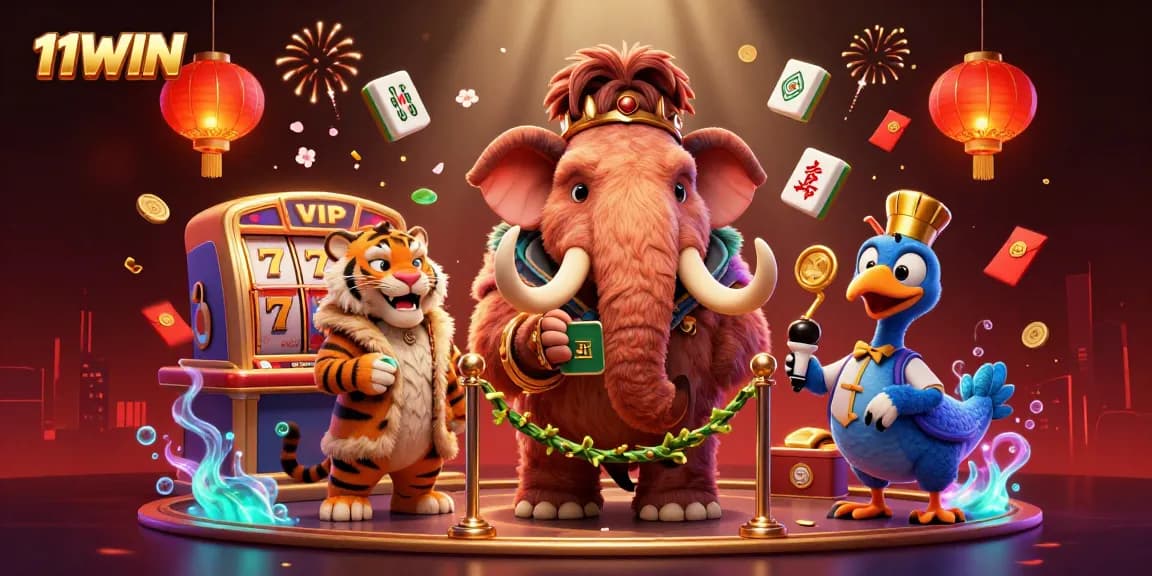 11WIN enchants players with a vibrant casino scene featuring a woolly mammoth checking IDs.