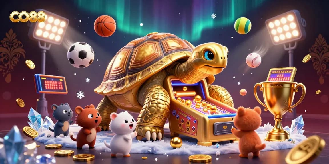 Engage with CO88's exciting gaming experience, featuring an extraordinary golden tortoise pinball machine amidst a vibrant casino scene.