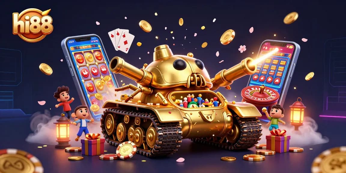 Engage with hi88's vibrant casino world represented by a golden beetle tank and dynamic game elements.