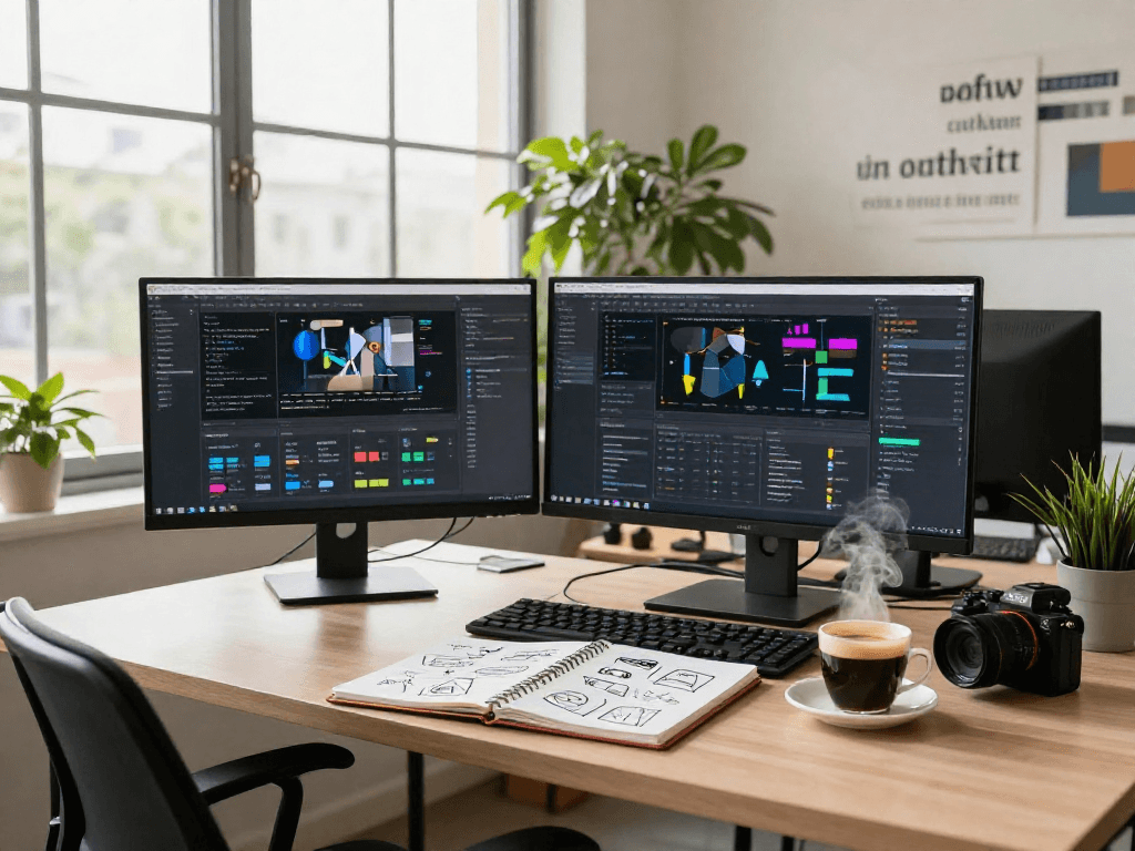 Content strategist analyzing nsfw ai trends in a modern workspace with multiple monitors and a creative atmosphere.