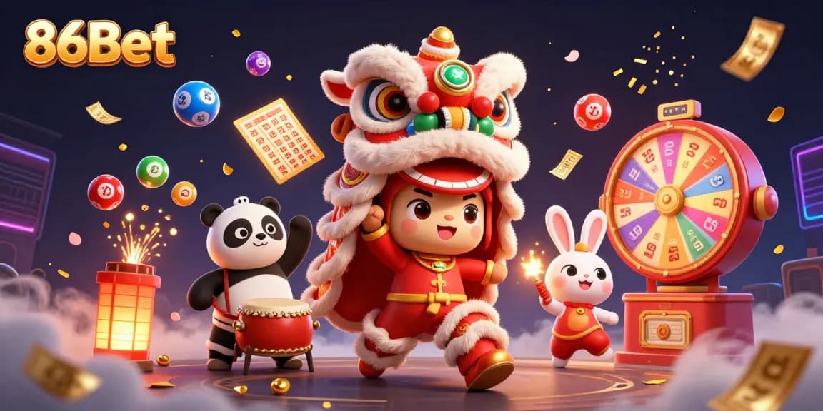 Engage with 86Bet's vibrant lottery scene featuring a lively lion dance and exciting game elements.