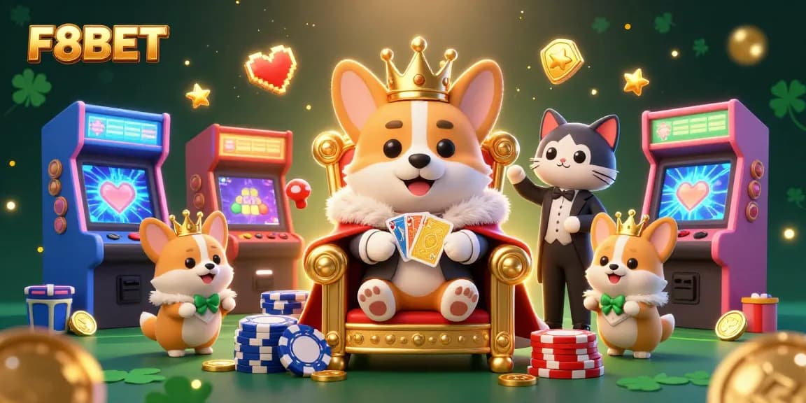 Engage with exciting F8BET casino action through a royal scene featuring lively animated characters.