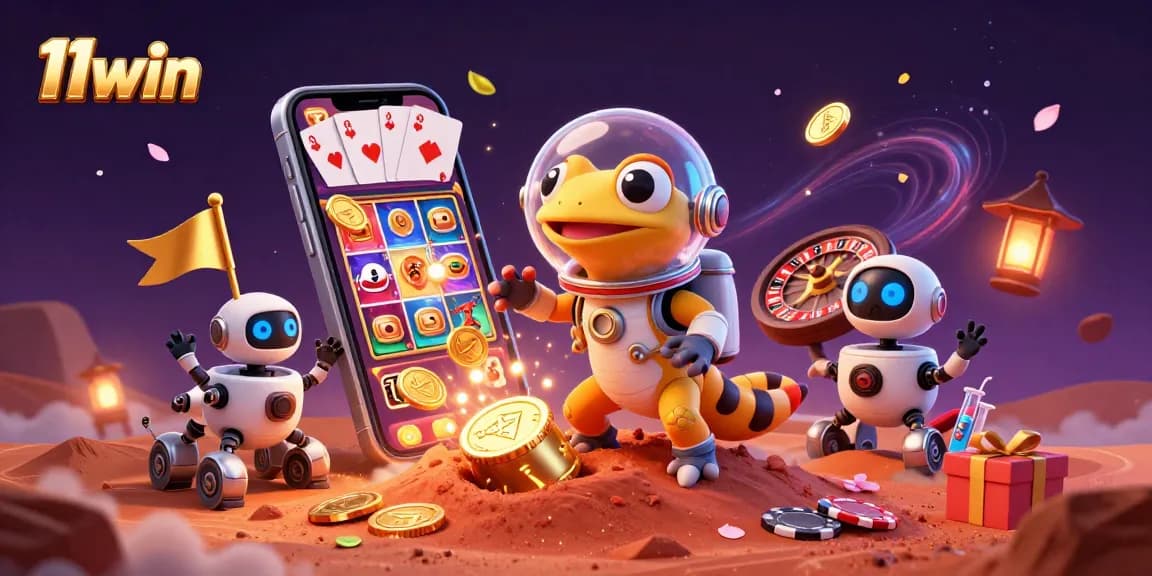 Engage with 11win's exciting Martian casino scene showcasing a variety of slots and gaming elements.