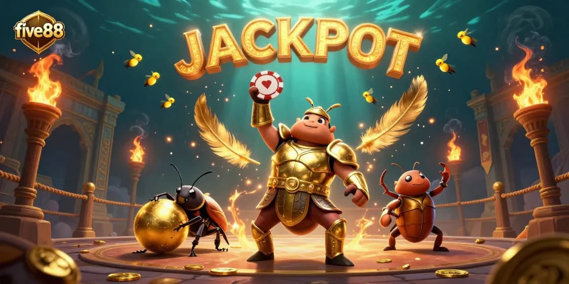 five88 gaming illustration showcases a victorious beetle character amidst vibrant casino elements and dynamic action.