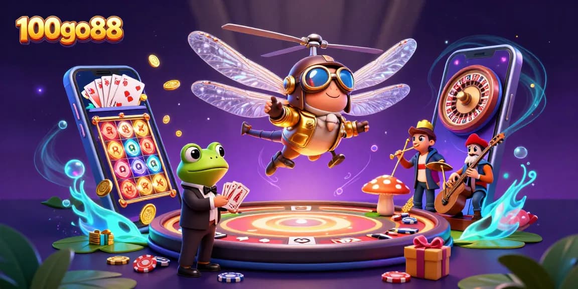 Experience exciting games at 100go88 while enjoying dazzling casino scenes filled with vibrant characters and shimmering rewards.