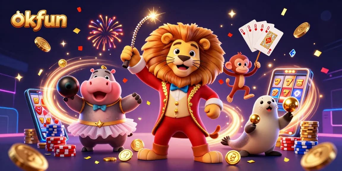 Win big at okfun with an exciting 3D circus-themed casino illustration featuring dynamic characters and gaming elements.