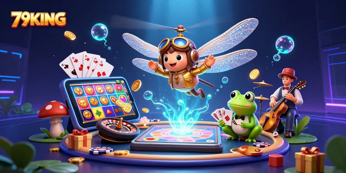 Engage in thrilling gameplay at 79KING, featuring a lively casino scene with a frog croupier dealing cards.