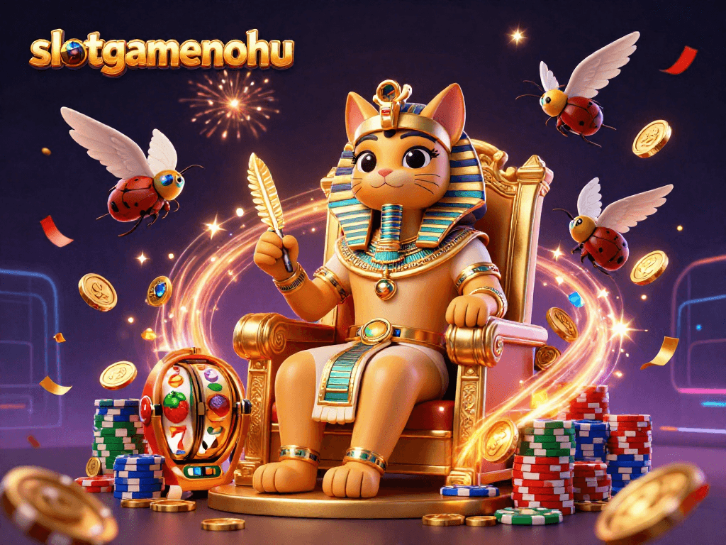 Experience excitement with slotgamenohu as lucky pharaoh cat spins golden slot machine reels.