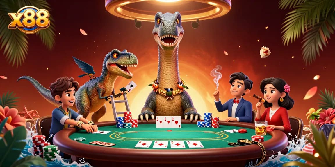 x88 players engage in a lively poker game with a giant dinosaur dealer in an enchanting casino
