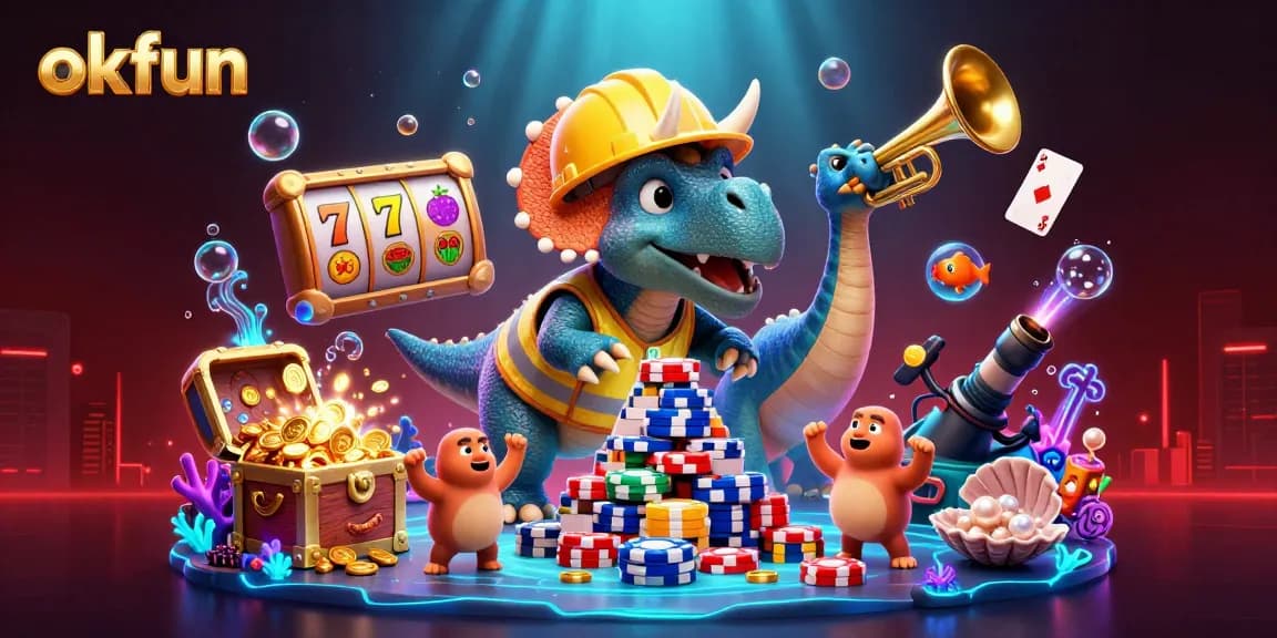Join the fun at okfun with vivid poker chip towers, joyful dinosaur characters, and dynamic slot game action.