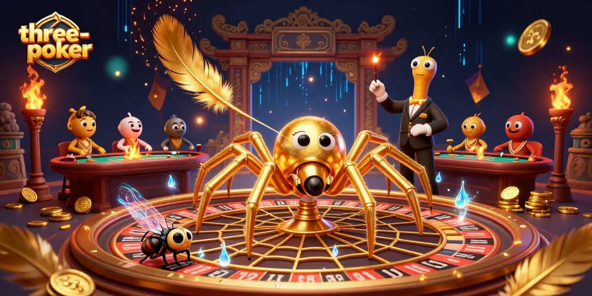 Engage in thrilling three-card-poker action with a golden spider and enchanting casino atmosphere.